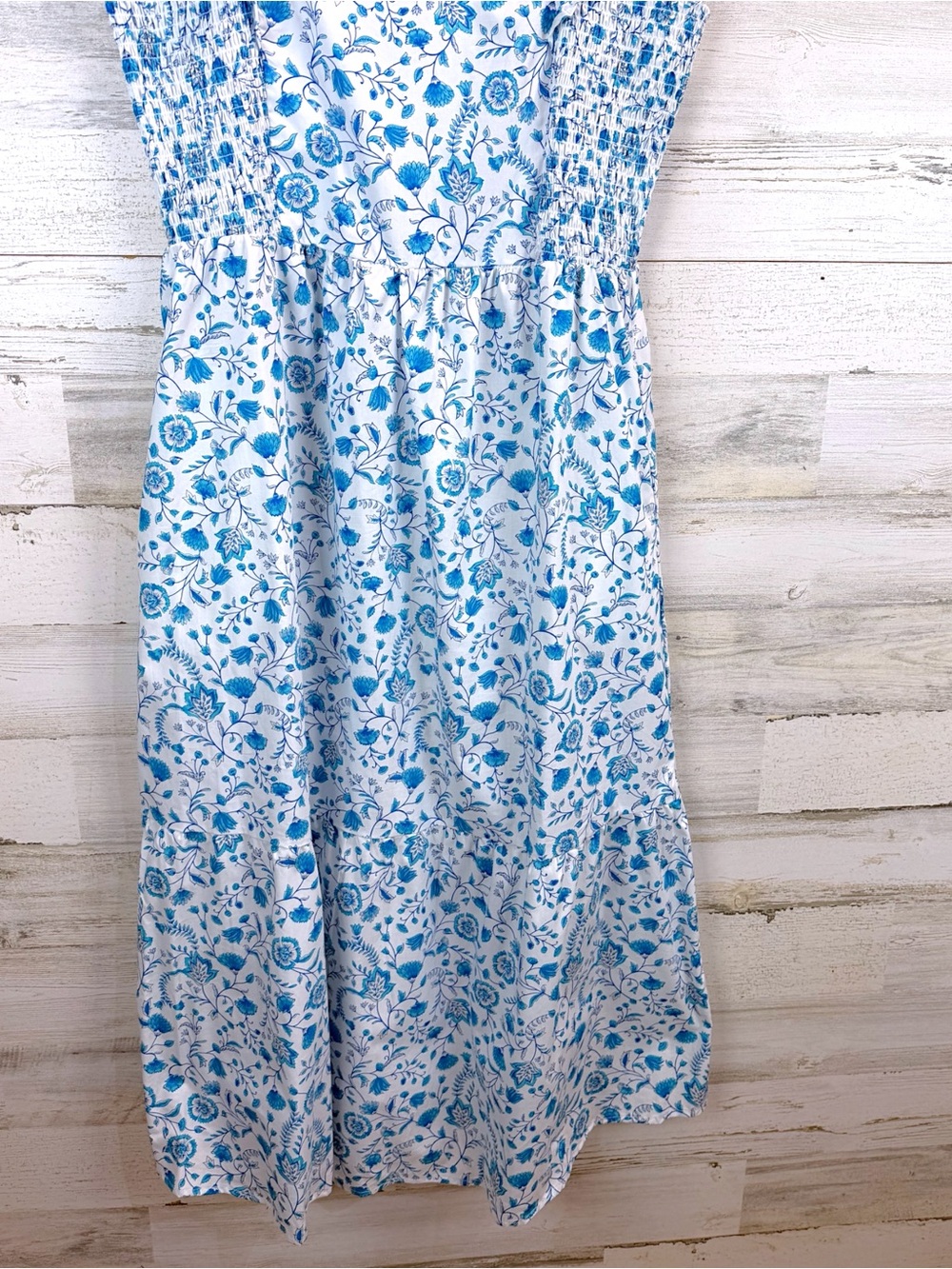 Draper James Blue White Floral Smocked Cotton Midi Dress Coastal Chic Large - Picture 9 of 12